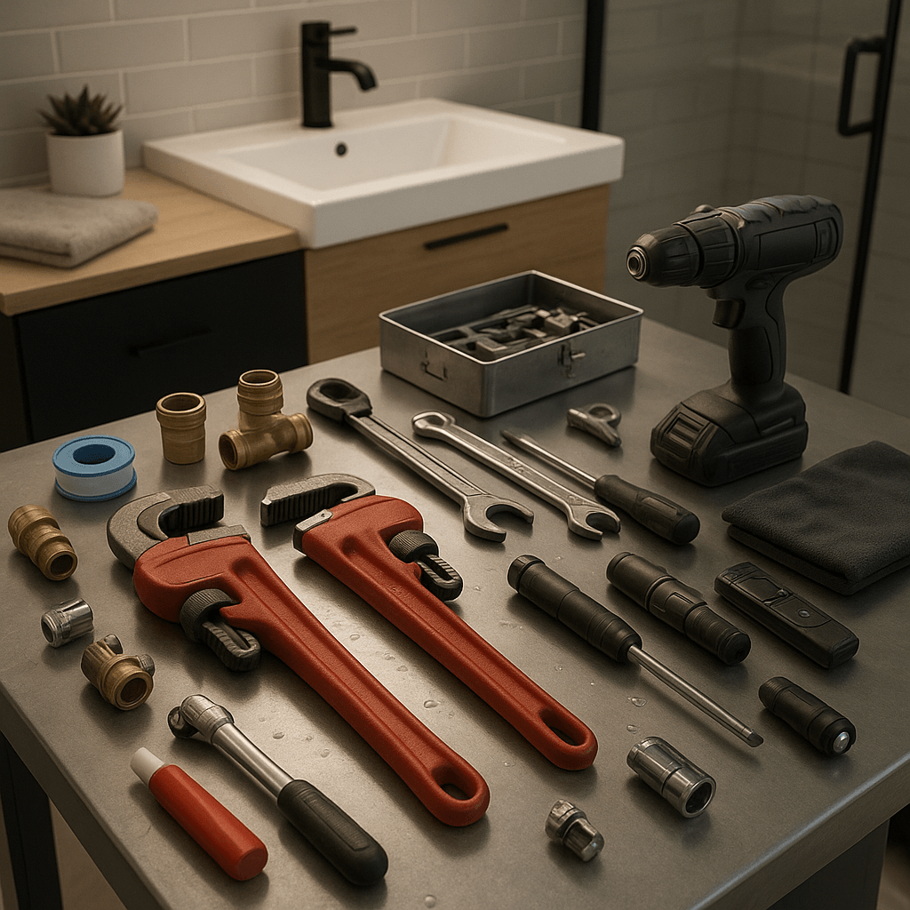 Werkzeuge für Sanitär-Notdienst im modernen Badezimmer